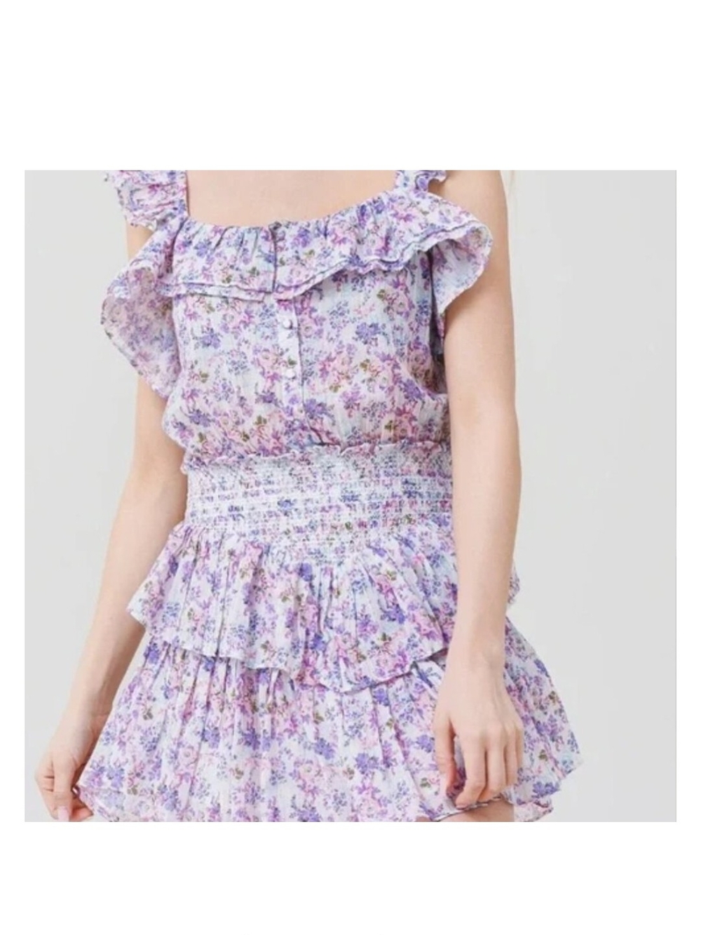 LoveShackFancy Lavender Floral Smocked Ruffle Mini Dress